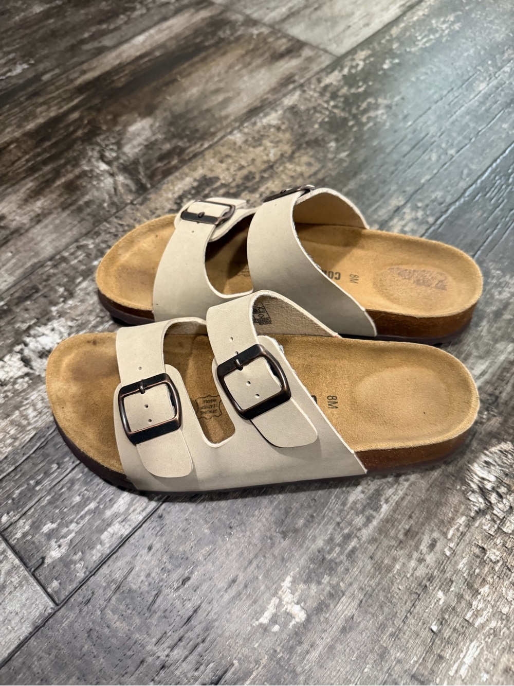 Women's Double-Buckle Slide Sandals in Light Beige